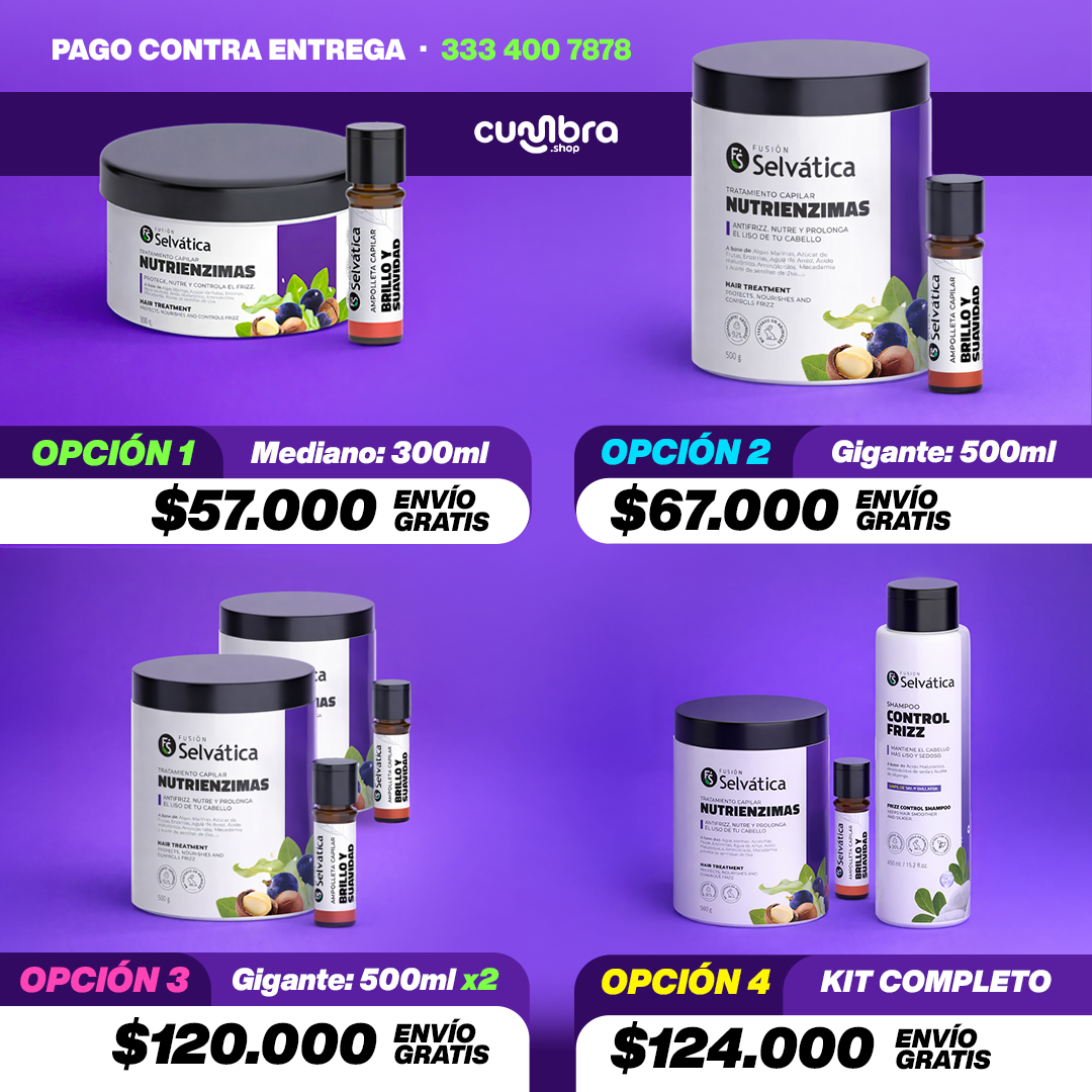 Kit Adiós Frizz Fusión Selvática (Shampoo Control Frizz + Nutrienzimas + Ampolleta)